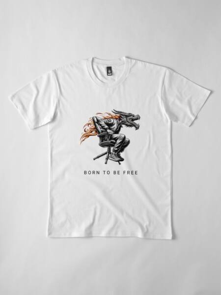 a white t-shirt with a drawing of a dragon sitting on a chair